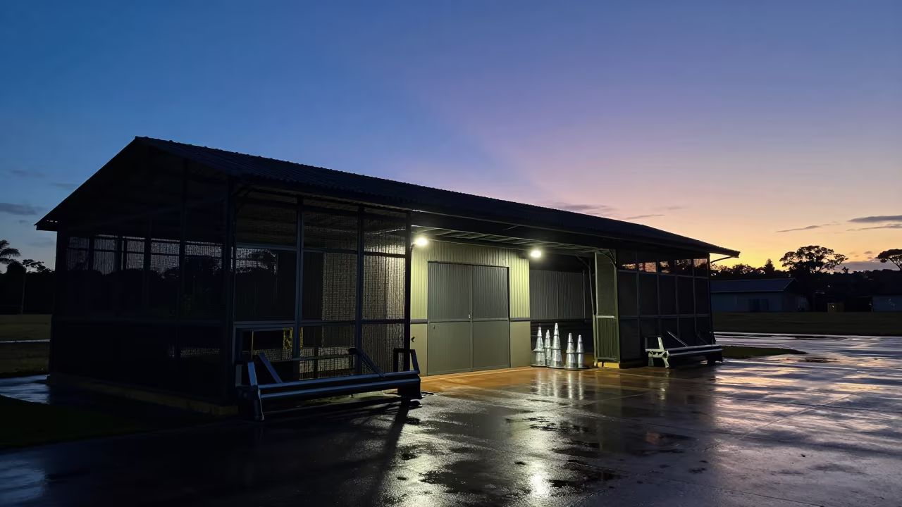 Airbase Shelter Silhouette in Indigo Twilight Minas Gerais in at a checkpoint lane in Minas Gerais