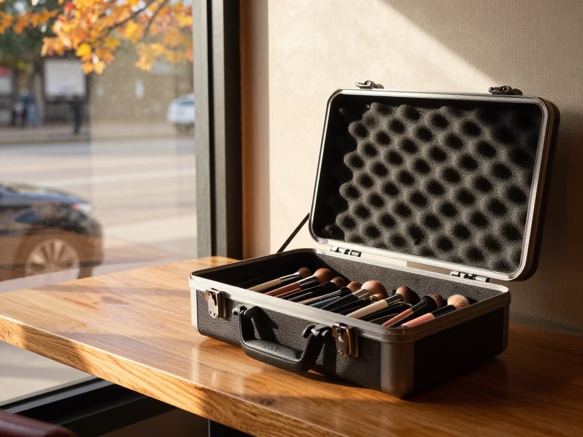 Airbrush Makeup Case on Cafe Table Austin in on a cafe table by a window near South Congress, Austin