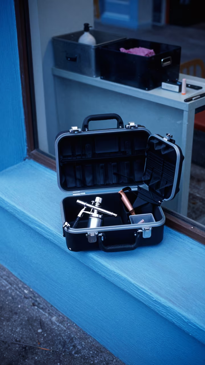 Airbrush Makeup Case on Trujillo Display Ledge in on a painted display ledge in Trujillo