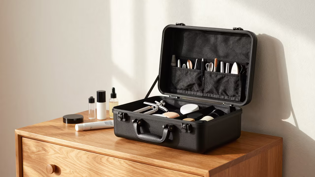 Airbrush Makeup Compressor Case Hotel Room Kobe in on a hotel dresser near Kobe