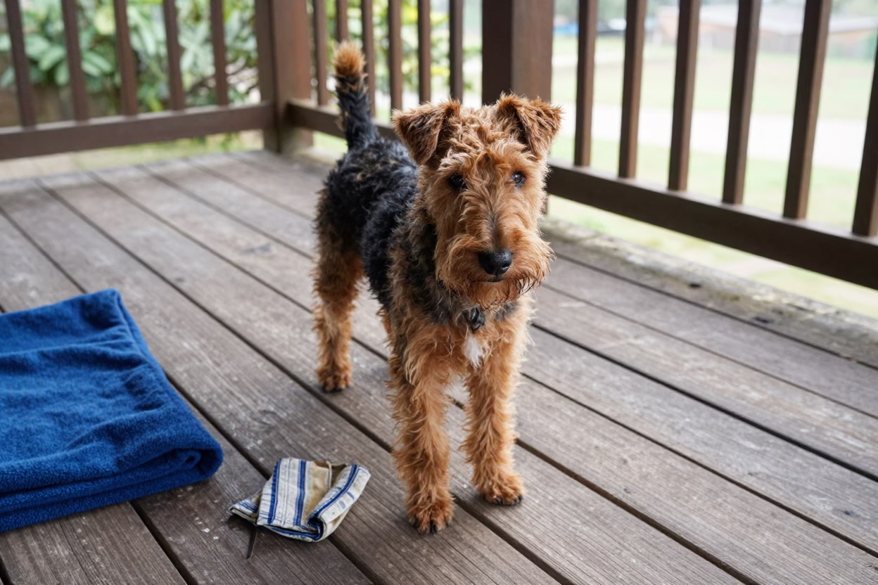 Airedale Terrier on Ikere Shaded Porch in on a shaded front porch with boards, railings, and eye-level framing in Ikere