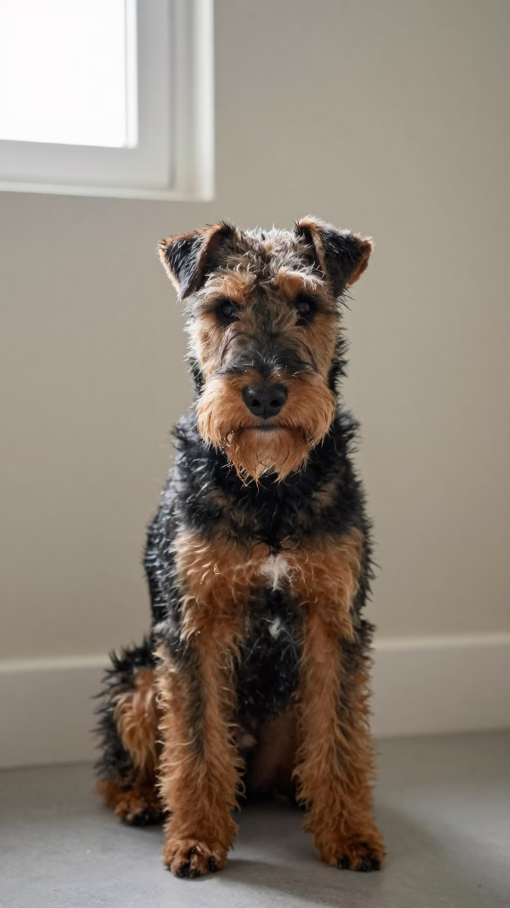 Airedale Terrier Portrait Beside Plaster Wall in Naypyidaw in beside a plain plaster wall in soft indoor light with the animal centered in frame in Naypyidaw
