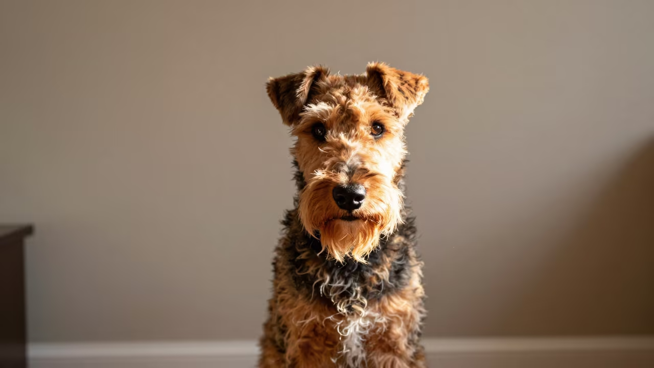 Airedale Terrier Portrait by Plaster Wall in beside a plain plaster wall in soft indoor light with the animal centered in frame near New Orleans