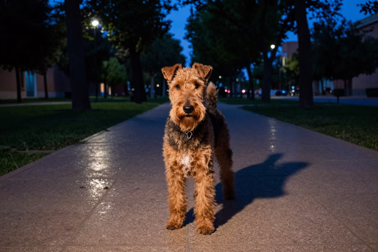 Airedale Terrier Portrait in Meknes Park Shade in along a quiet park path with soft open shade and a clean background in Meknes