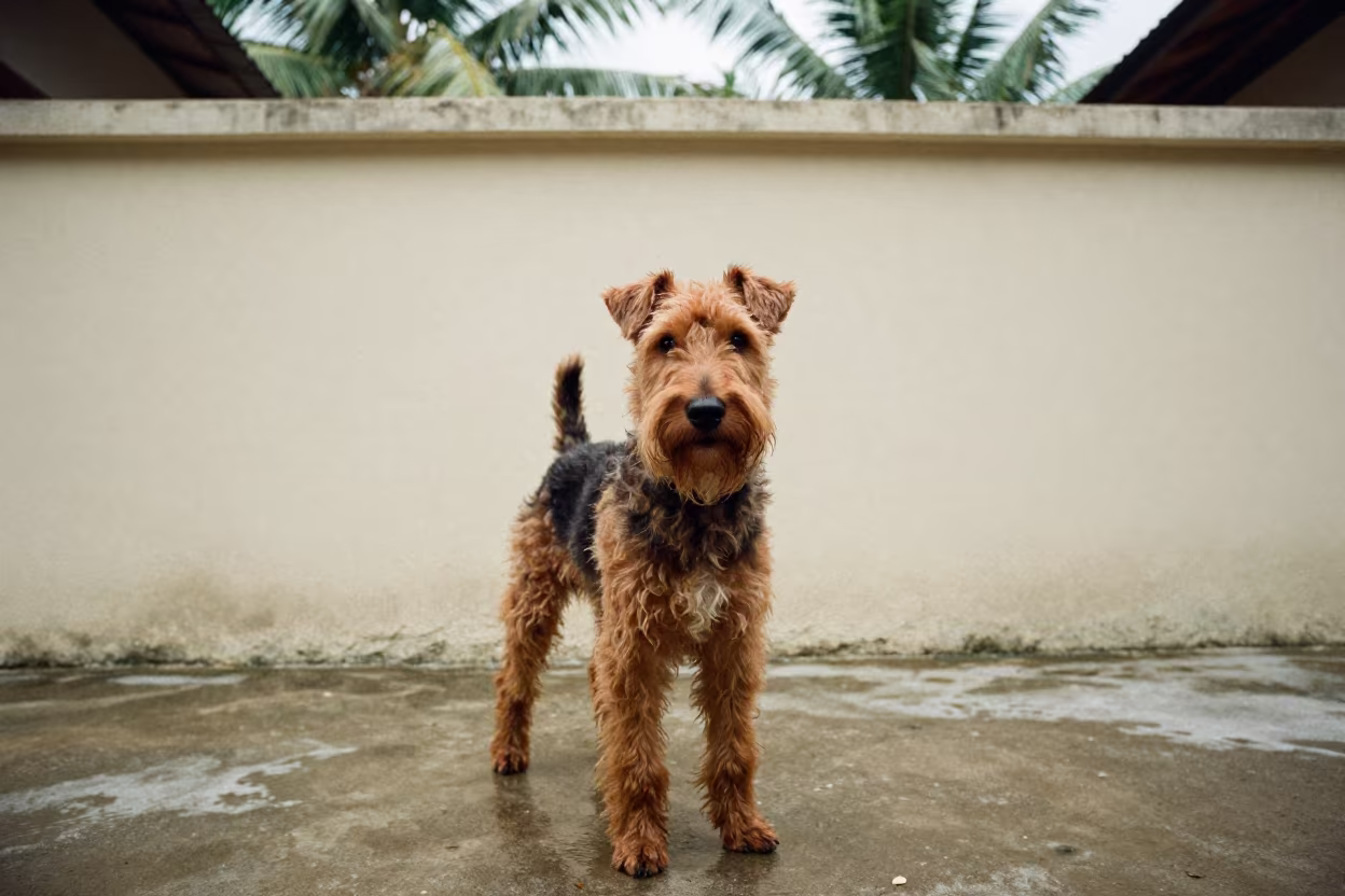 Airedale Terrier Portrait in Nanning Courtyard in beside a plain courtyard wall in clear daylight with the animal at eye level in Nanning