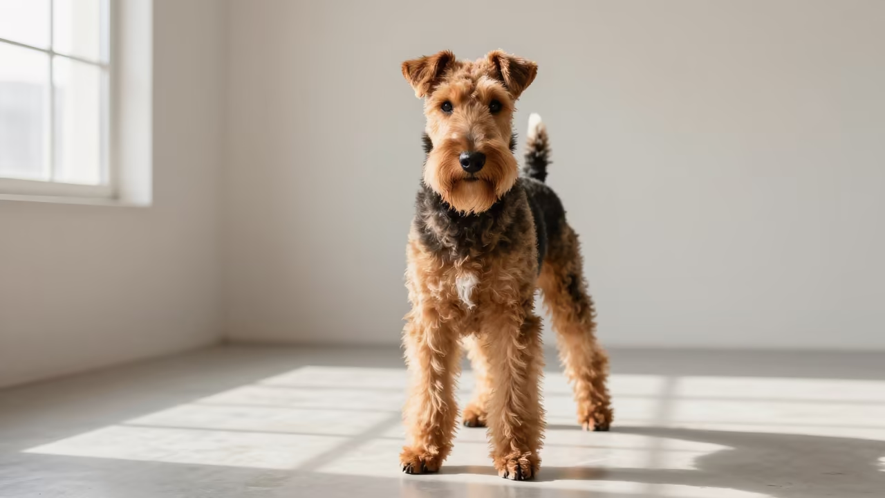 Airedale Terrier Portrait in Pokhara Studio in in a quiet portrait studio with a plain backdrop and eye-level framing in Pokhara