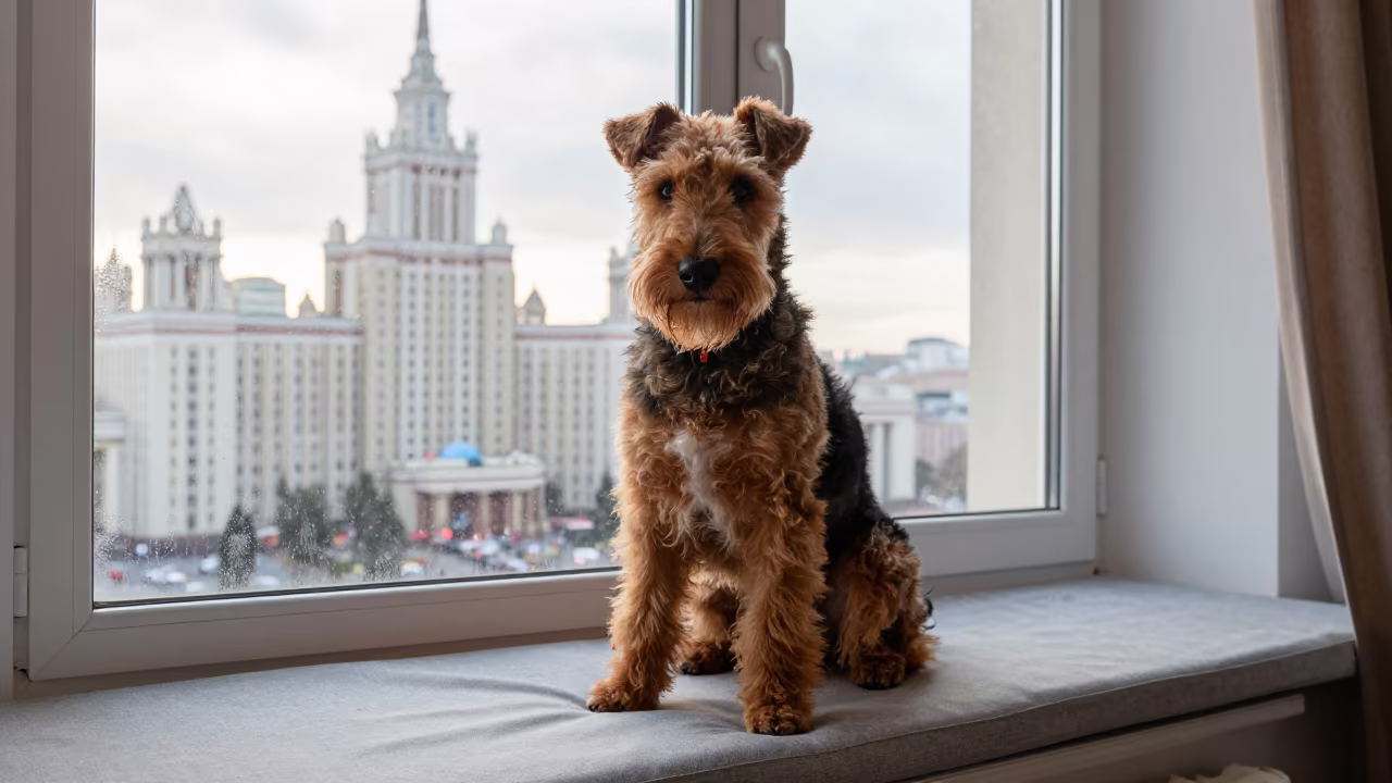 Airedale Terrier Portrait on Window Seat in on a cushioned window seat with soft side light and an uncluttered background near Tverskaya, Moscow