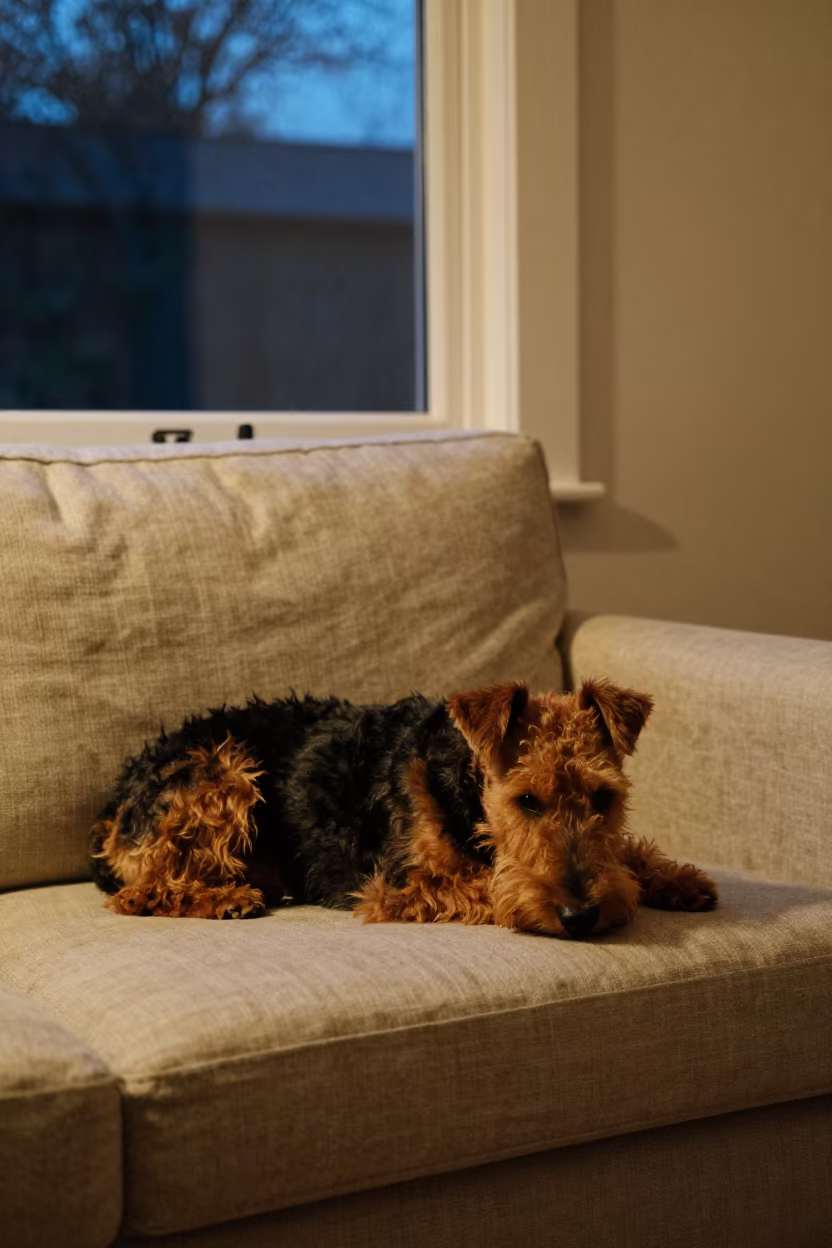 Airedale Terrier Resting on Linen Sofa in Neon Light in on a linen sofa with daylight from a nearby window in The Hague
