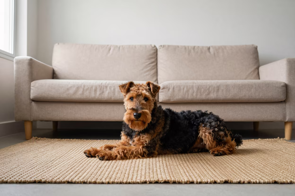 Airedale Terrier Resting on Rug in Suez Home in on a woven rug beside a low couch and an uncluttered wall in Suez