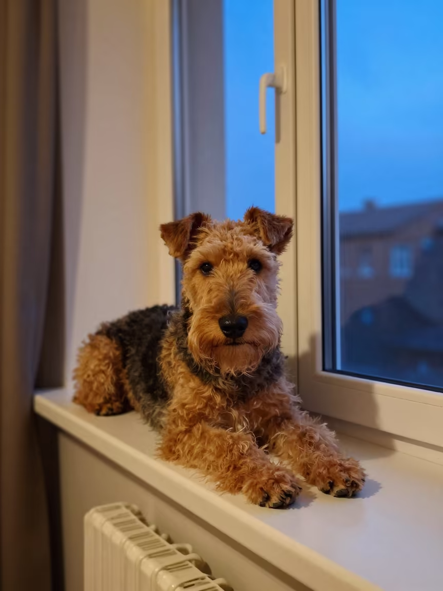 Airedale Terrier Resting on Window Seat at Blue Hour in on a window seat in a quiet apartment with soft side light in Kharkiv