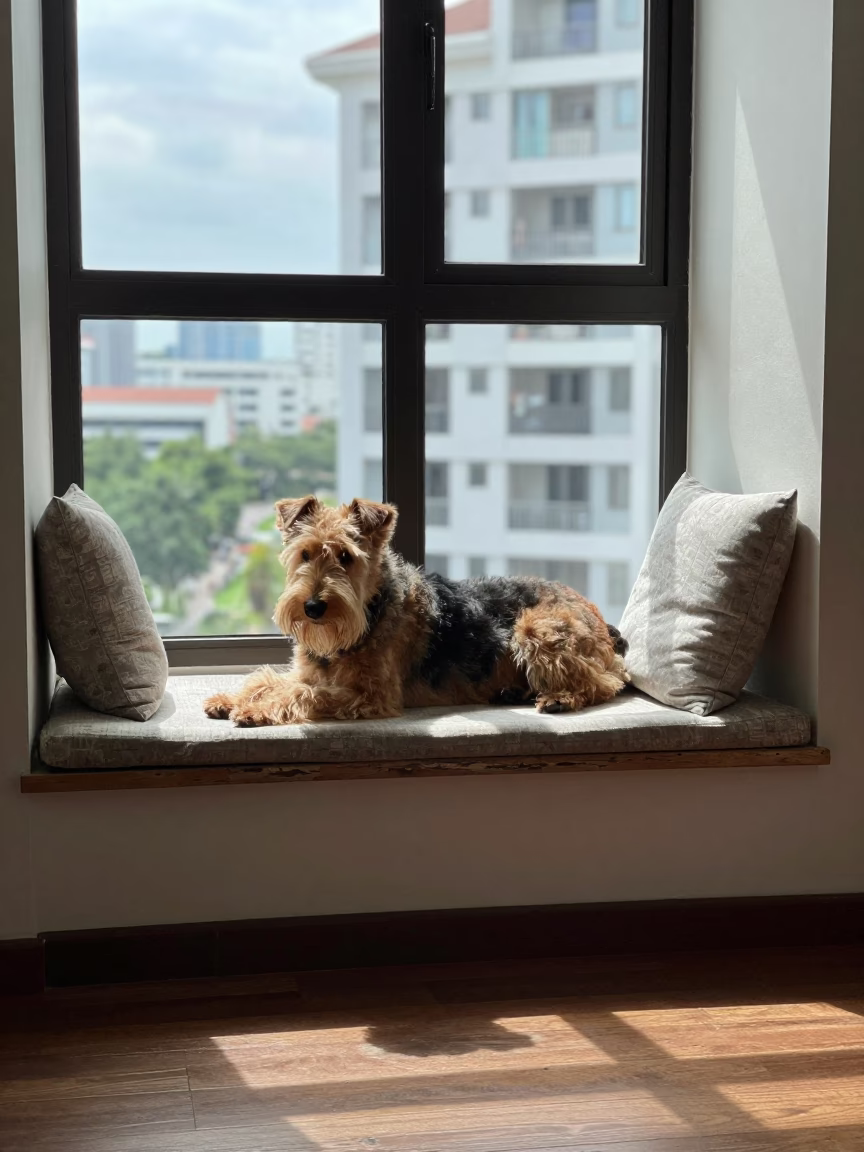 Airedale Terrier Resting on Window Seat in Singapore in on a window seat in a quiet apartment with soft side light in Singapore