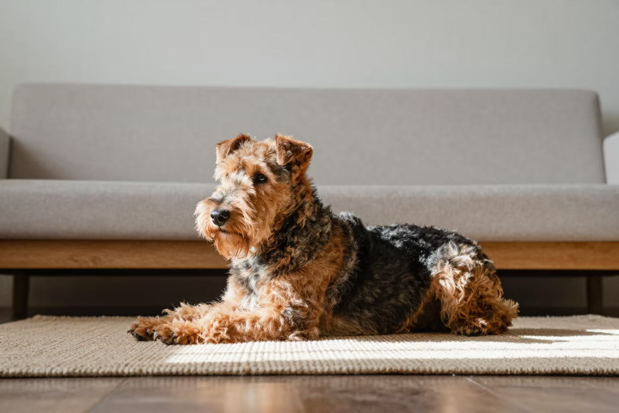 Airedale Terrier Resting on Woven Rug in Osaka Home in on a woven rug beside a low couch and an uncluttered wall in Osaka