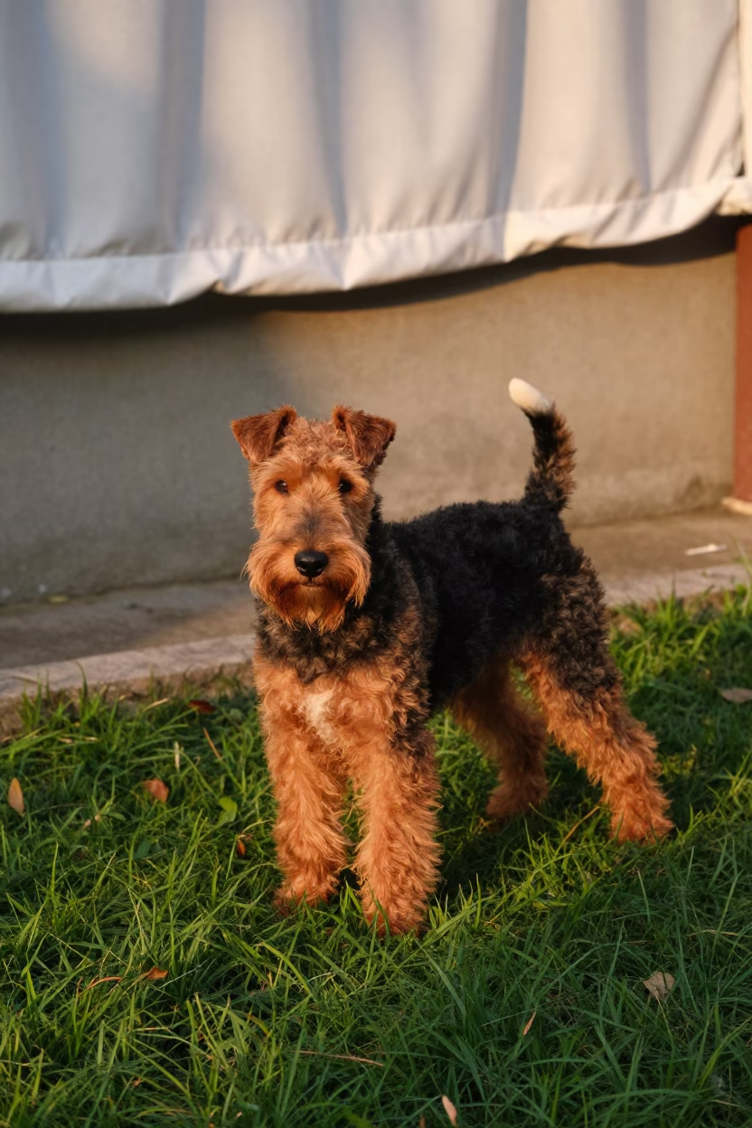 Airedale Terrier Stands Centered in Nanning Yard in in a small yard with clipped grass, calm light, and the animal centered in frame in Nanning