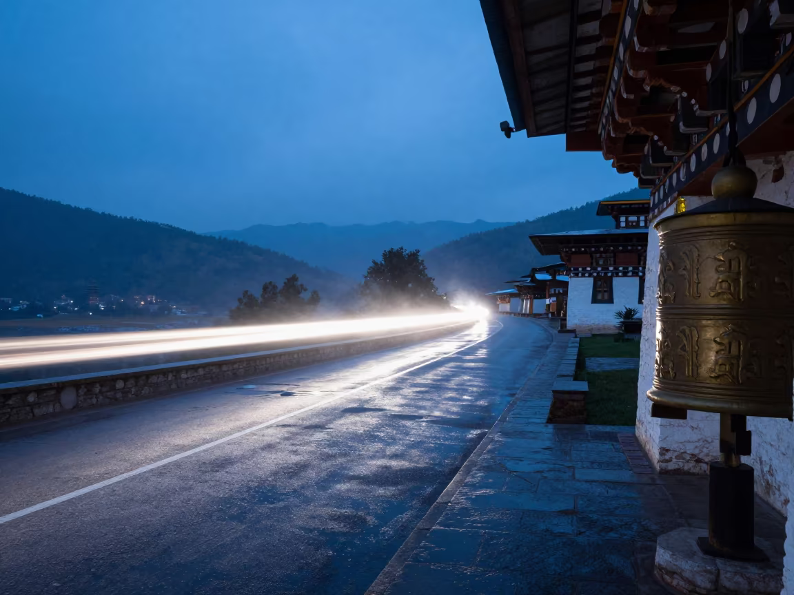 Airplane Light Trail Over Bhutan Causeway Twilight in on a wind-open causeway in Bhutan