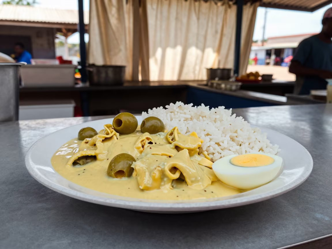 Aji de Gallina and Rice at Douala Market Stall in at a market stall counter in Douala
