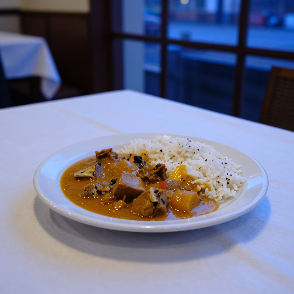 Aji de Gallina and Rice on Linen in Winter in on a linen-covered restaurant table in Sheikhupura