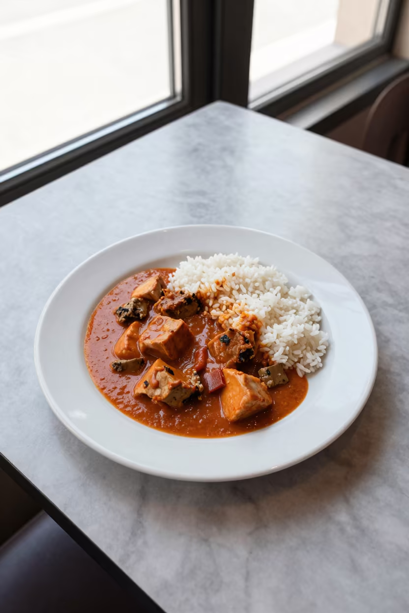 Aji de Gallina with Rice on Marble Table in on a marble cafe table in Castellón de la Plana