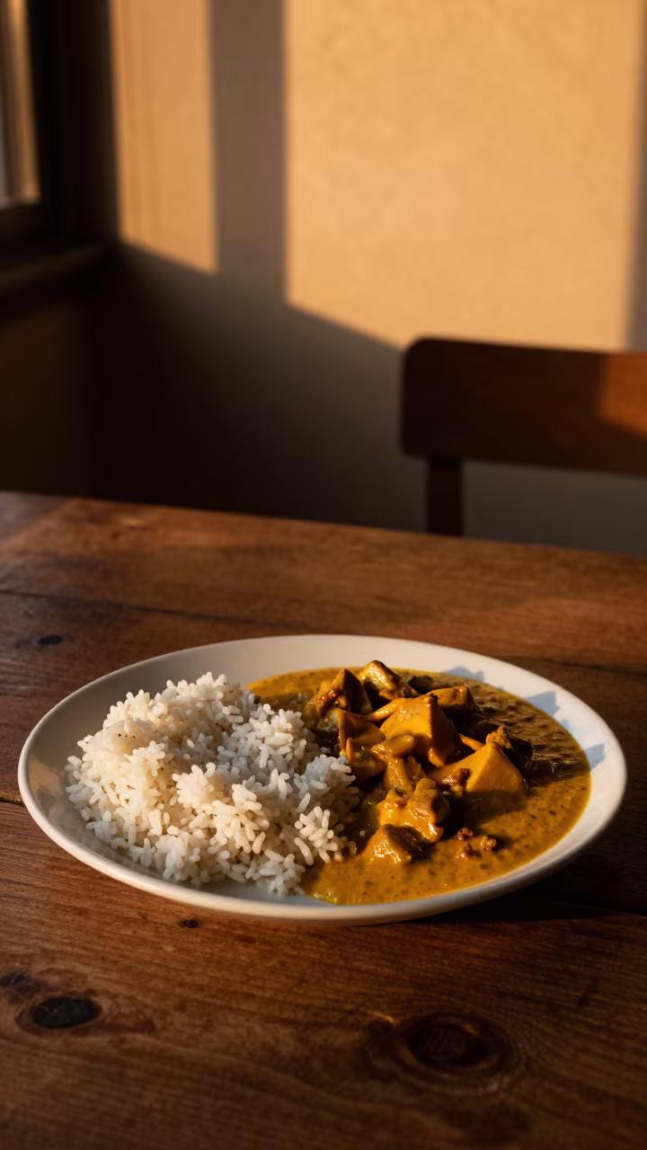 Aji de Gallina and Rice on Rustic Table in on a rustic wooden table in Nuremberg