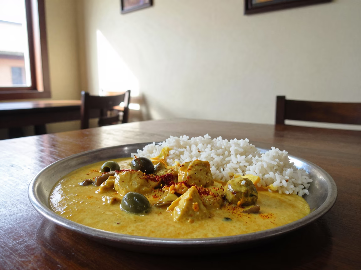 Aji de Gallina and Rice on Tea House Tray in on a tea house tray in Mixco