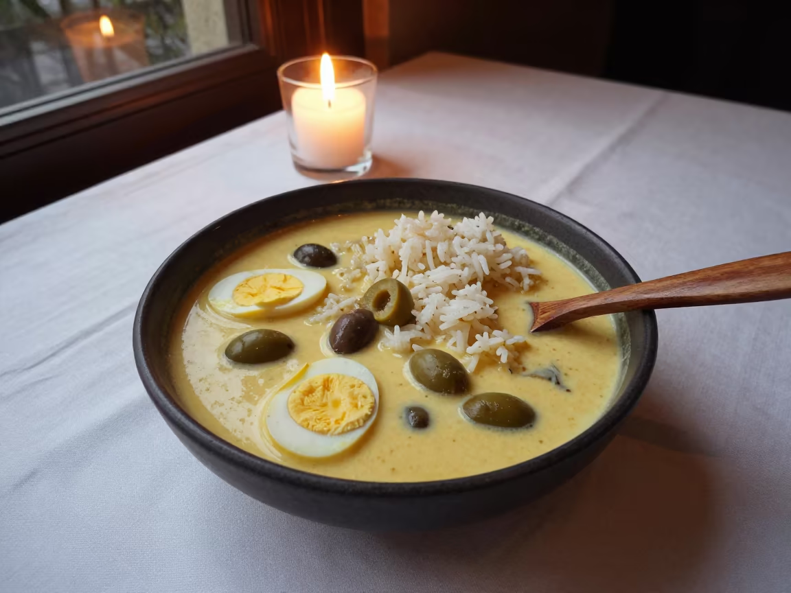 Aji de Gallina Stew and Rice on Linen in on a linen-covered restaurant table in Pokhara
