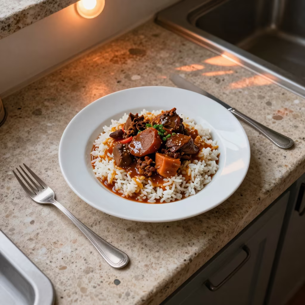Aji de Gallina with Rice on Ajaccio Worktop in on a kitchen worktop in Ajaccio
