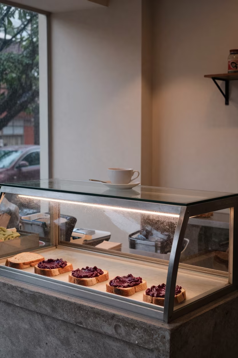 Ajvar on Bread in Mumbai Bakery with Giant Cup in in a bakery display case in Dadar, Mumbai