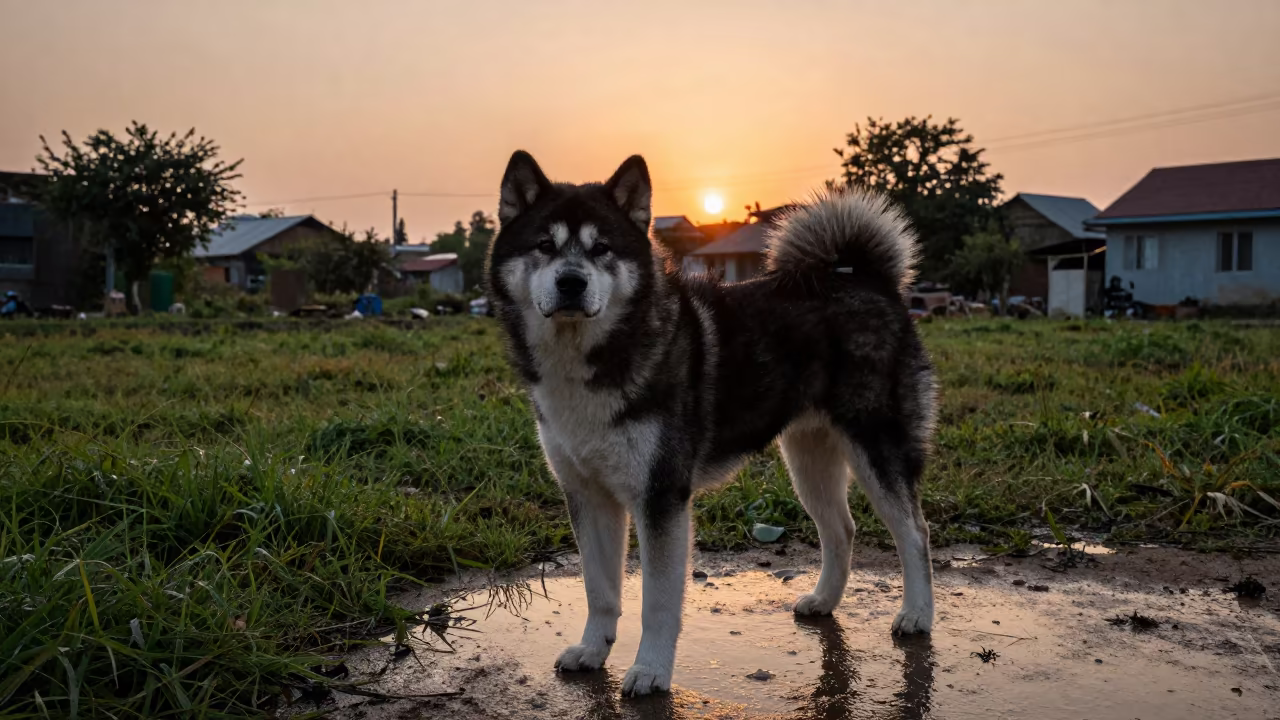 Akita Dog Centered in Wet Haiphong Yard in in a small yard with clipped grass, calm light, and the animal centered in frame near Haiphong