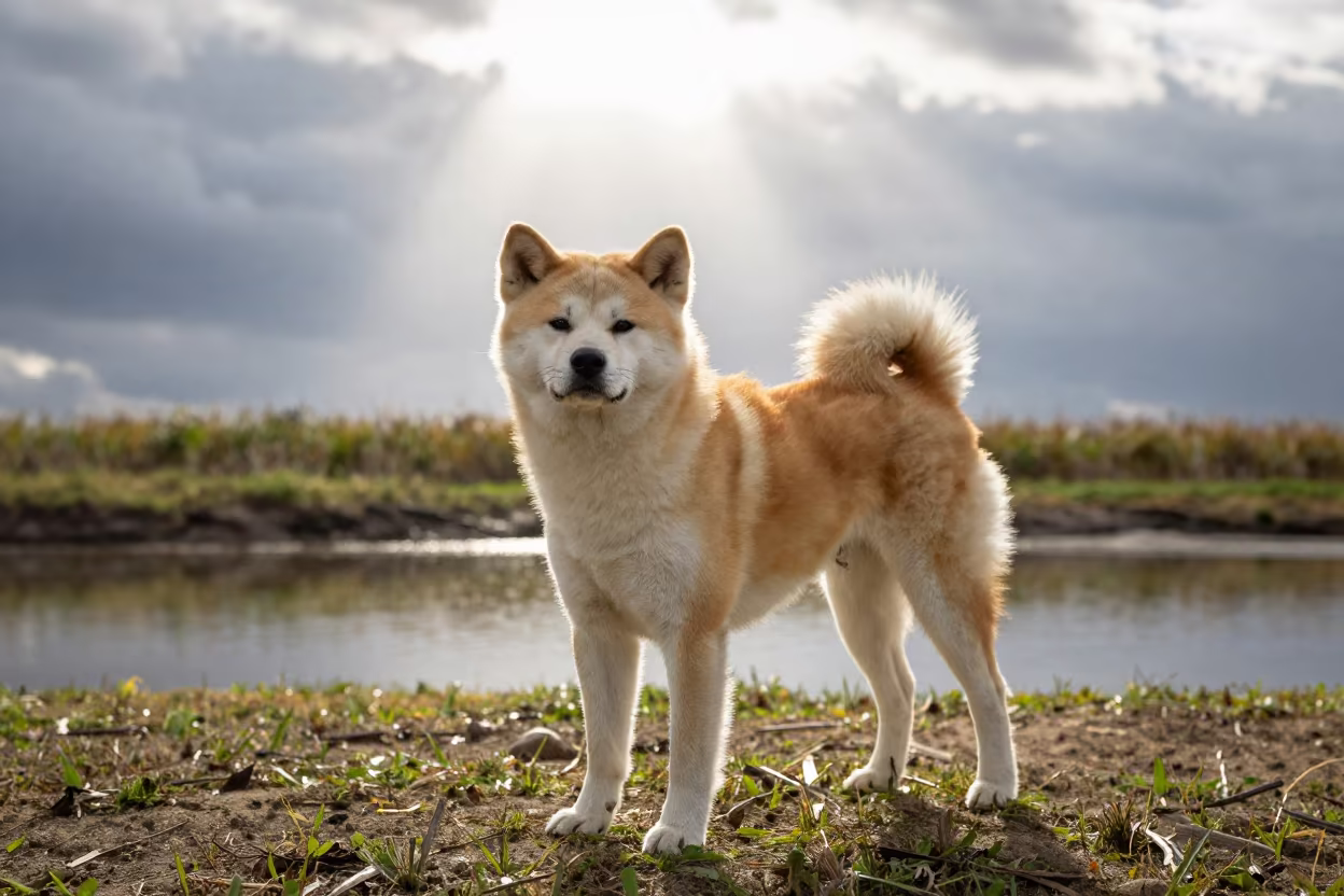 Akita Dog in Pathein Yard Under Noon Light in in a small yard with clipped grass, calm light, and the animal centered in frame in Pathein