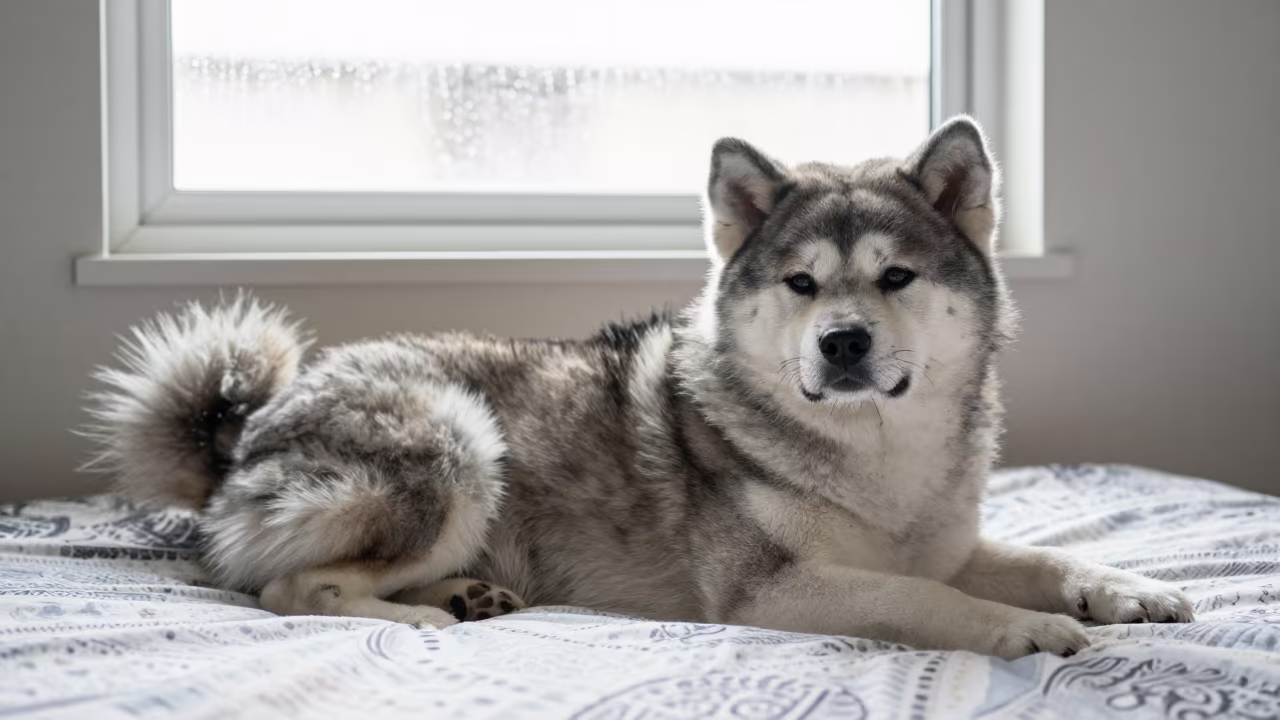Akita Dog Resting on Bedspread Near Window in on a bedspread near a bright window with calm indoor light in Pointe-Noire