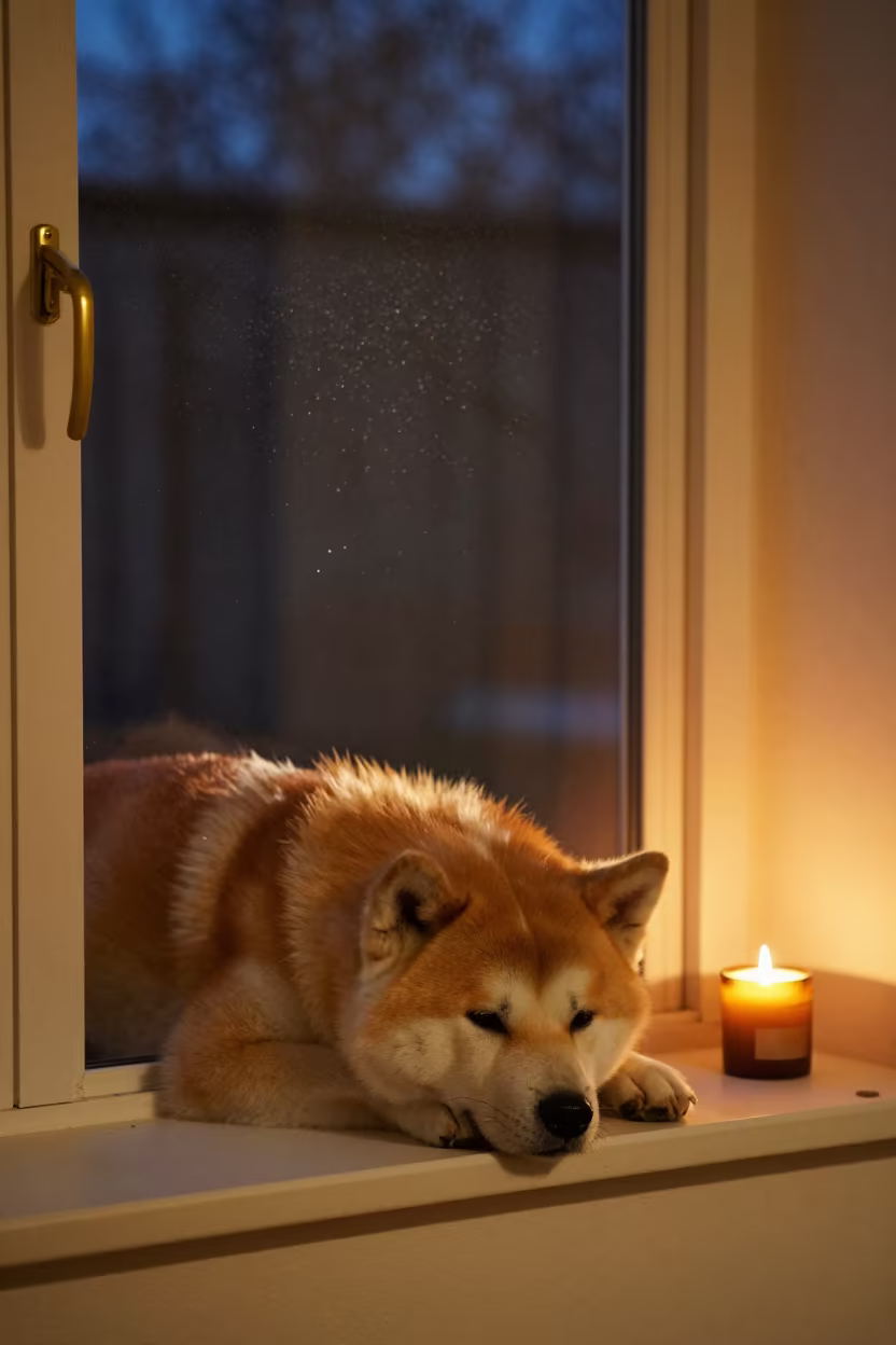Akita Dog Resting on Warsaw Window Seat in on a window seat in a quiet apartment with soft side light in Powisle, Warsaw