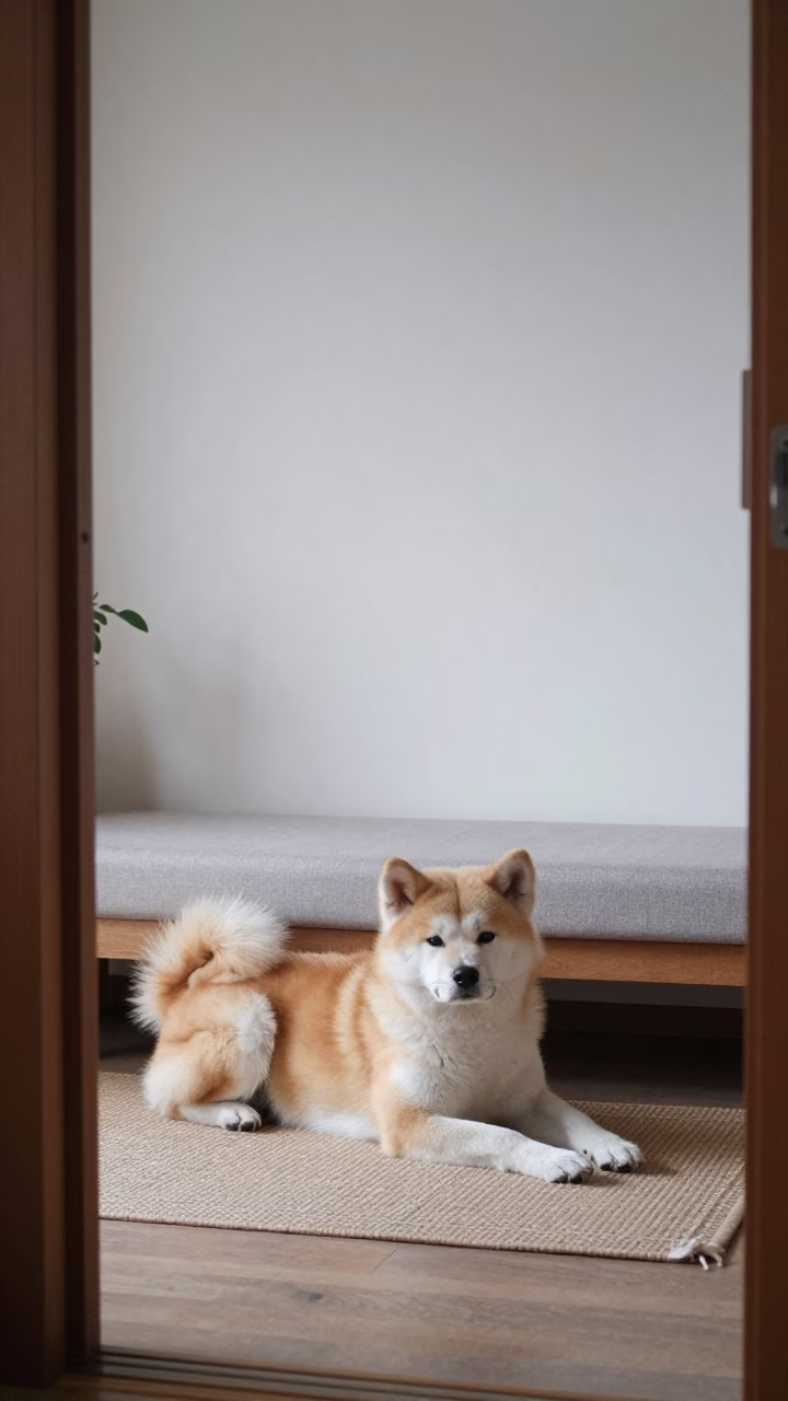Akita Dog Resting on Woven Rug in Nakazakicho Home in on a woven rug beside a low couch and an uncluttered wall near Nakazakicho, Osaka