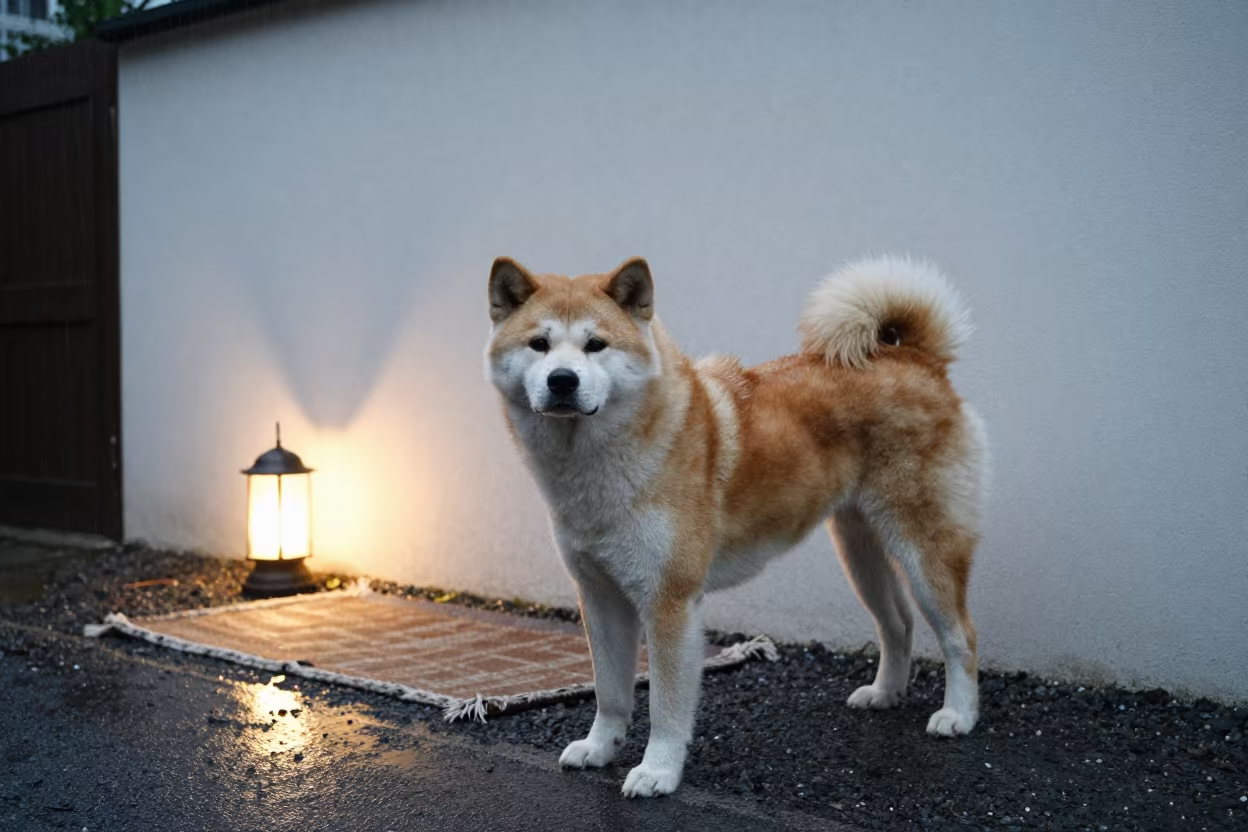 Akita Dog Standing in Rainy Haiphong Courtyard in beside a plain courtyard wall in clear daylight with the animal at eye level in Haiphong