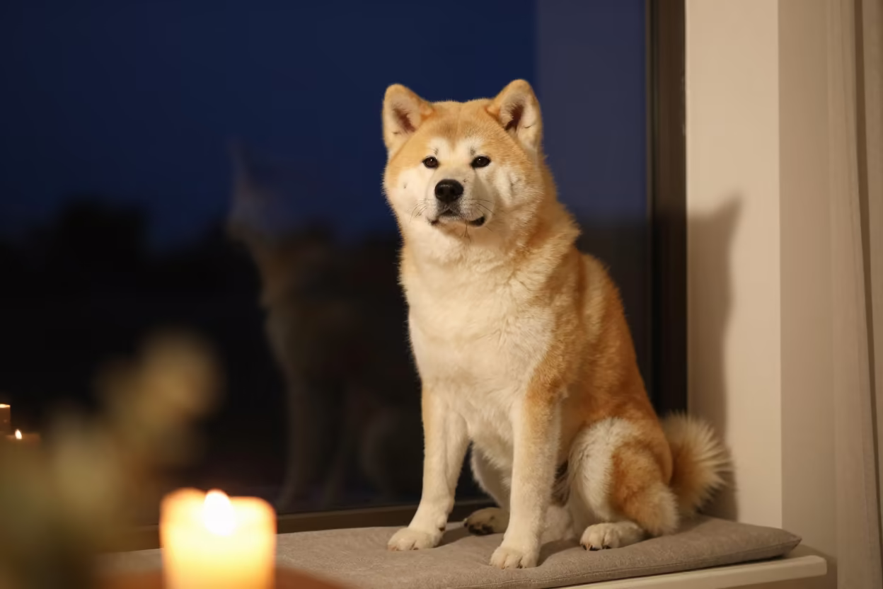 Akita Inu Portrait on Window Seat at Night in on a cushioned window seat with soft side light and an uncluttered background near Labadi, Accra