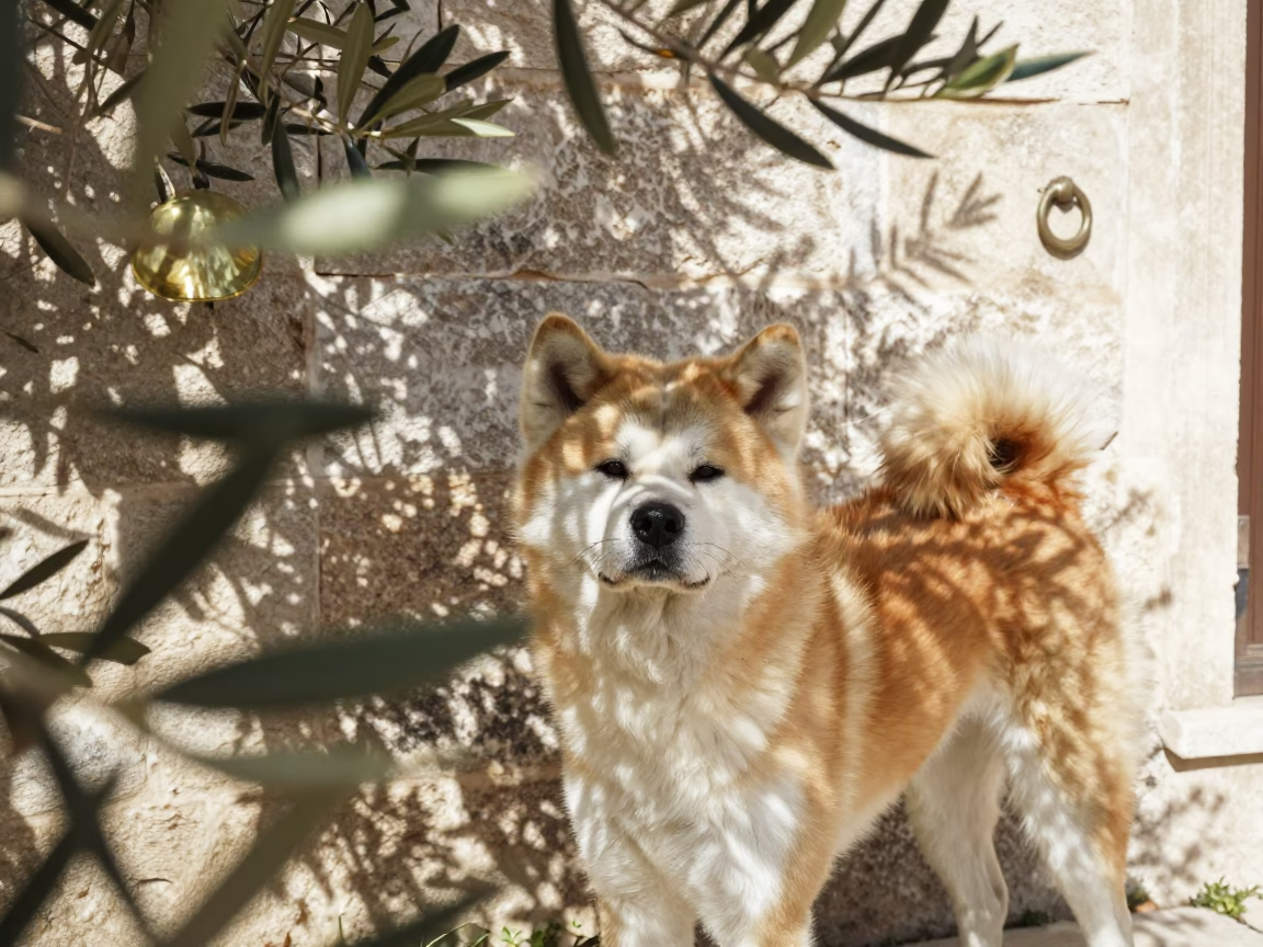 Akita Portrait Beside Mersin Courtyard Wall in beside a plain courtyard wall in clear daylight with the animal at eye level near Mersin