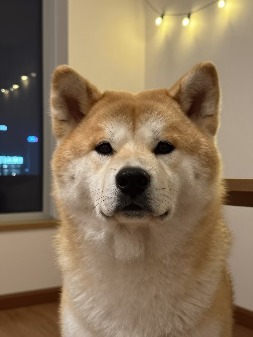 Akita Portrait Beside Plaster Wall in beside a plain plaster wall in soft indoor light with the animal centered in frame in Kamalia