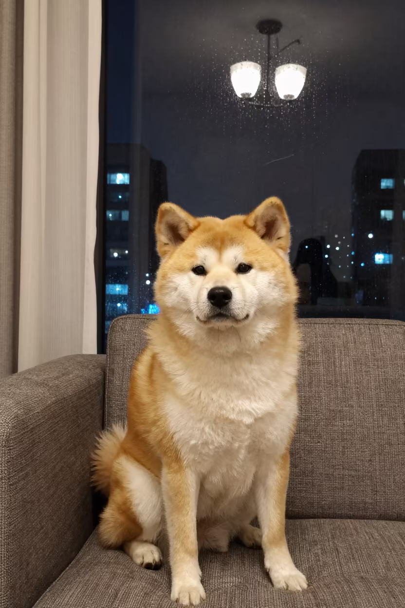 Akita Portrait in Accra Living Room in on a sofa near a curtained window with calm indoor light near Accra