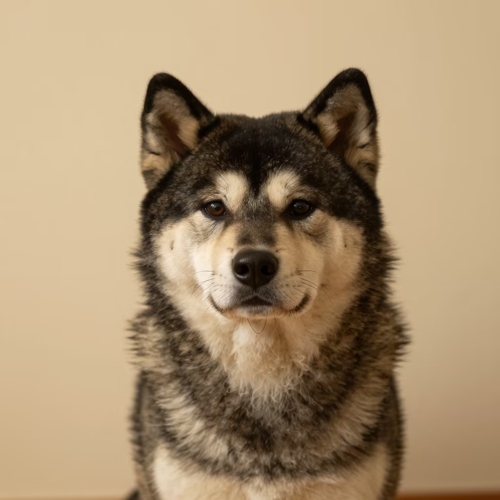 Akita Portrait in Soft Tungsten Light in beside a plain plaster wall in soft indoor light with the animal centered in frame in Ekibastuz
