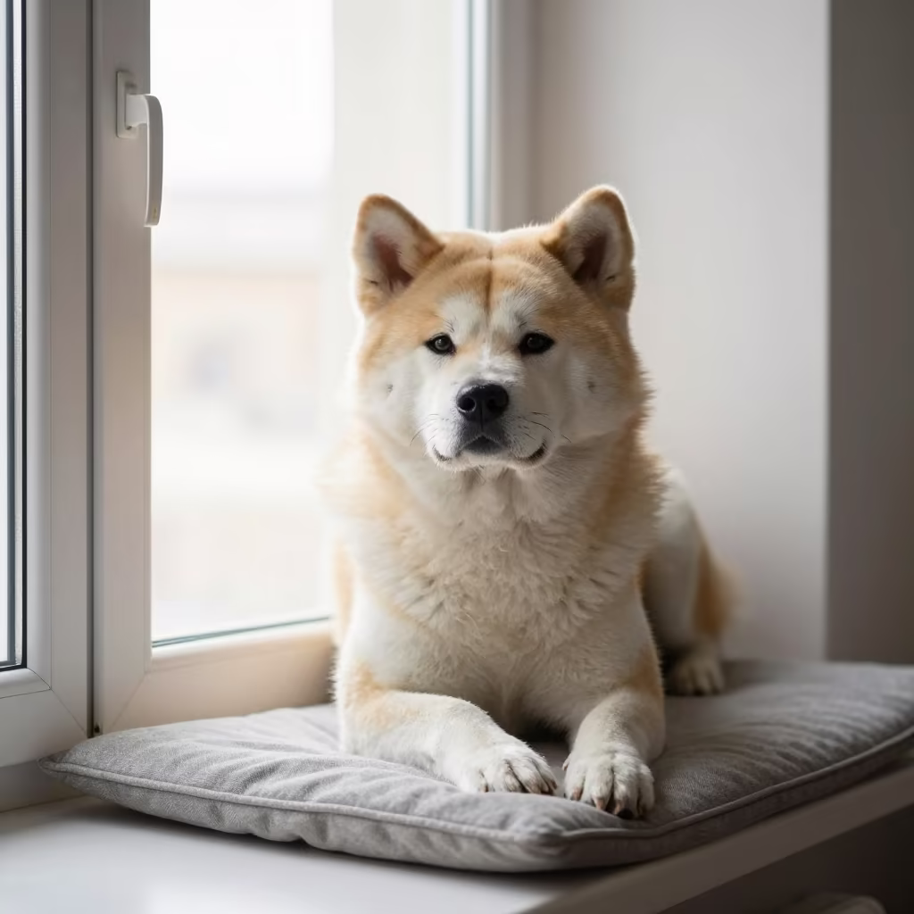 Akita Portrait on Window Seat in Isfahan in on a cushioned window seat with soft side light and an uncluttered background near Isfahan