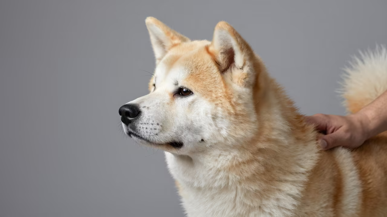 Akita Portrait with Distinctive Coat in Studio in in a quiet portrait studio with a plain backdrop and eye-level framing in Guayaquil