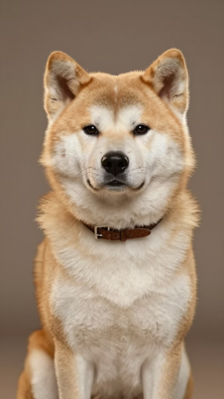 Akita Portrait with Textured Coat and Earthy Studio Light in in a quiet portrait studio with a plain backdrop and eye-level framing in Ujjain