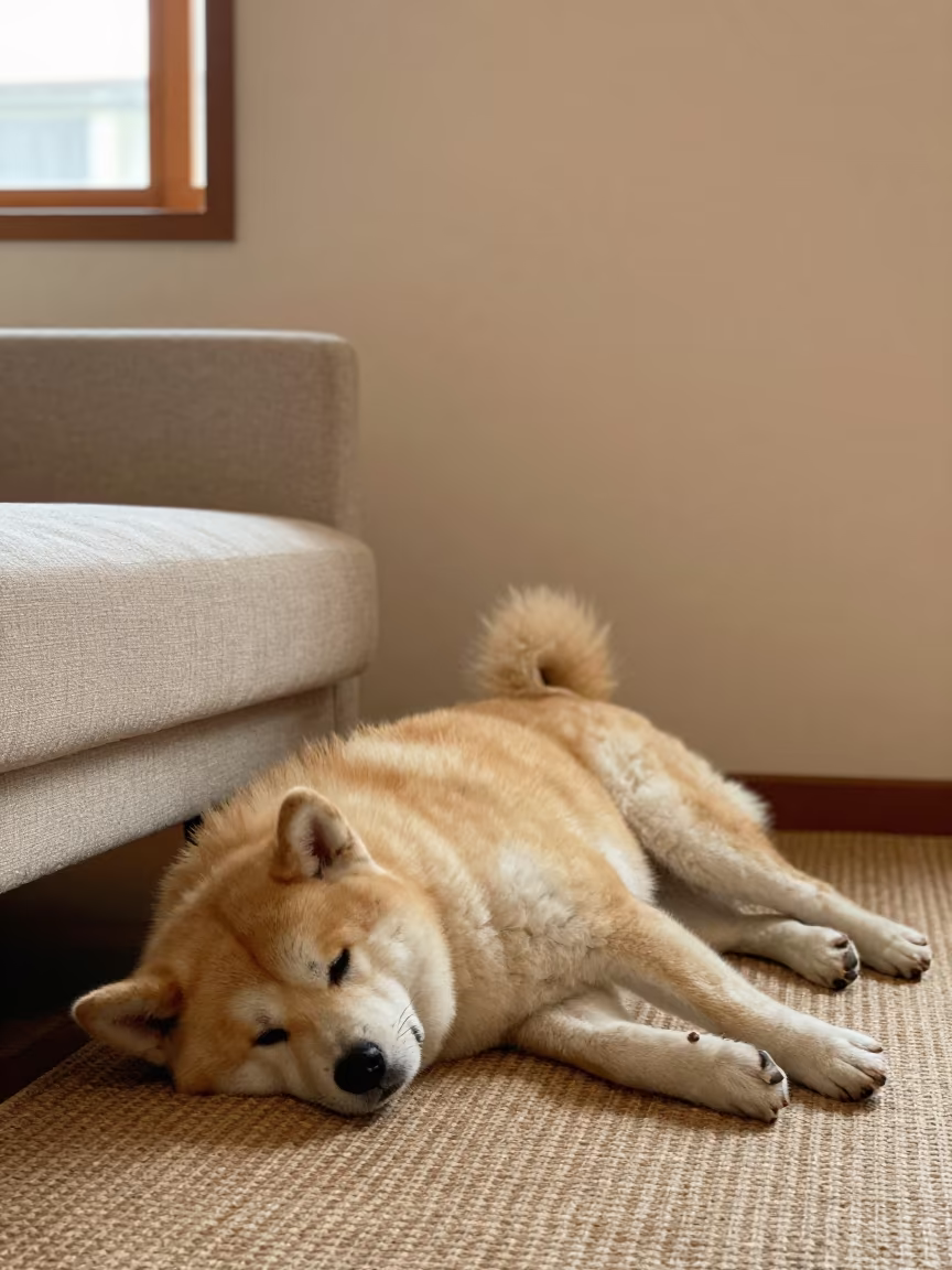 Akita Resting in Winter Evening Light at Home in on a woven rug beside a low couch and an uncluttered wall in Changchun