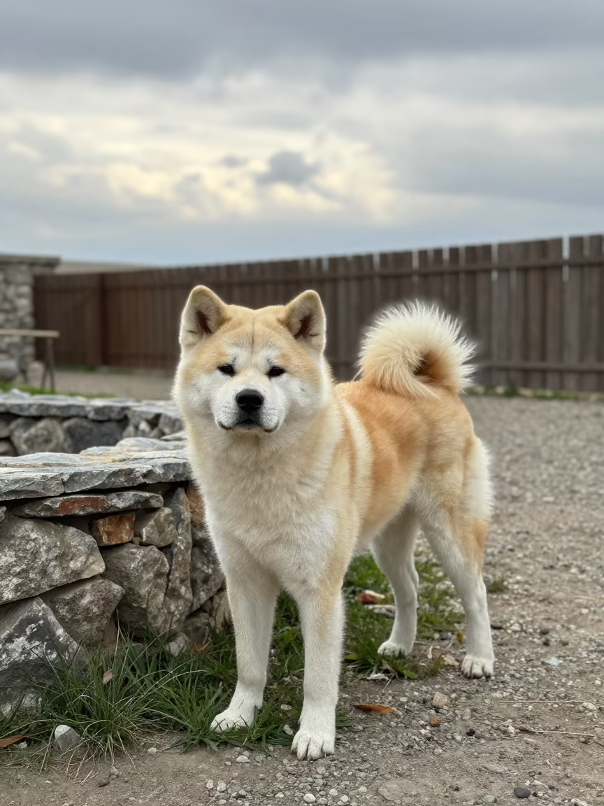 Akita Standing in Erzurum Garden Late Summer Morning in near a garden edge with soft morning light and an uncluttered background in Erzurum