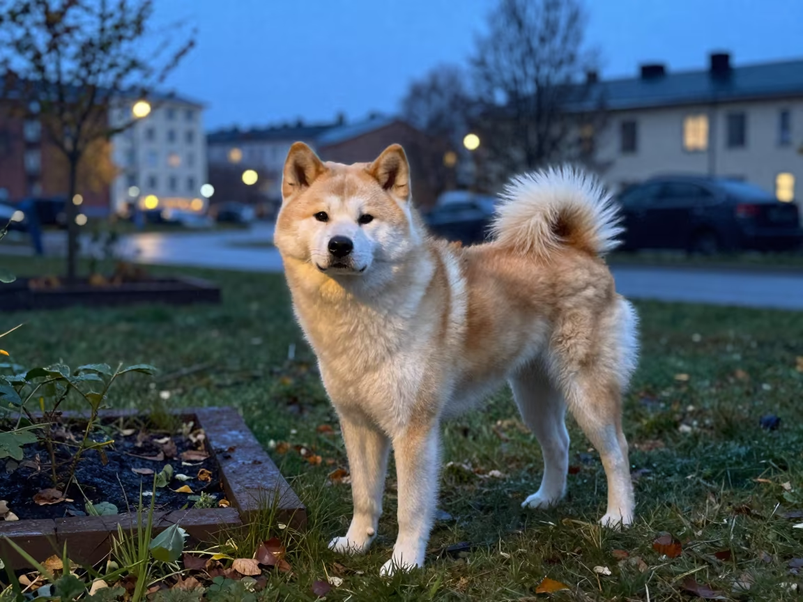 Akita Standing in Vantaa Garden at Dusk in near a garden edge with soft morning light and an uncluttered background in Vantaa