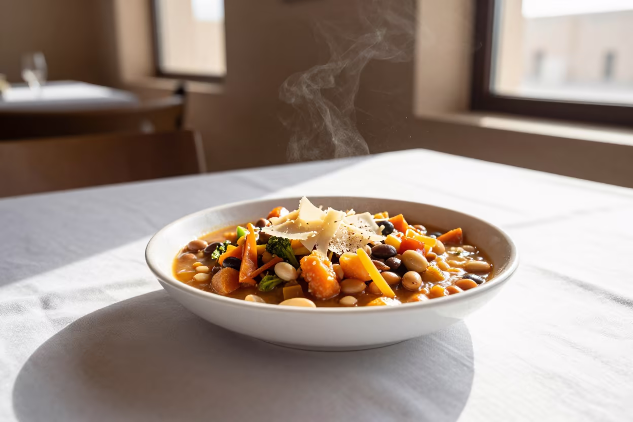 Al Ain Minestrone with Parmesan Rind in North Light in on a linen-covered restaurant table in Al Ain