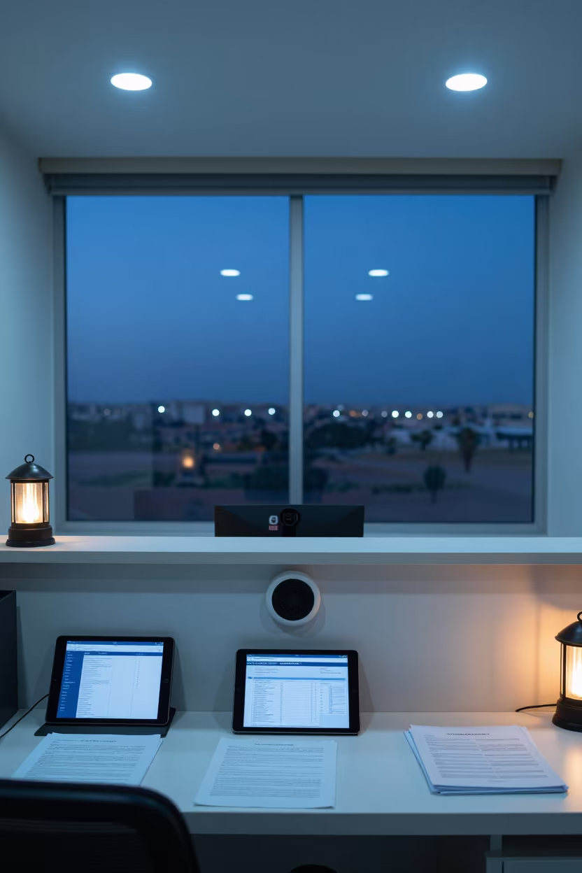 Al-Safira Office Launch Room Blue Hour in at an office reception desk in Al-Safira