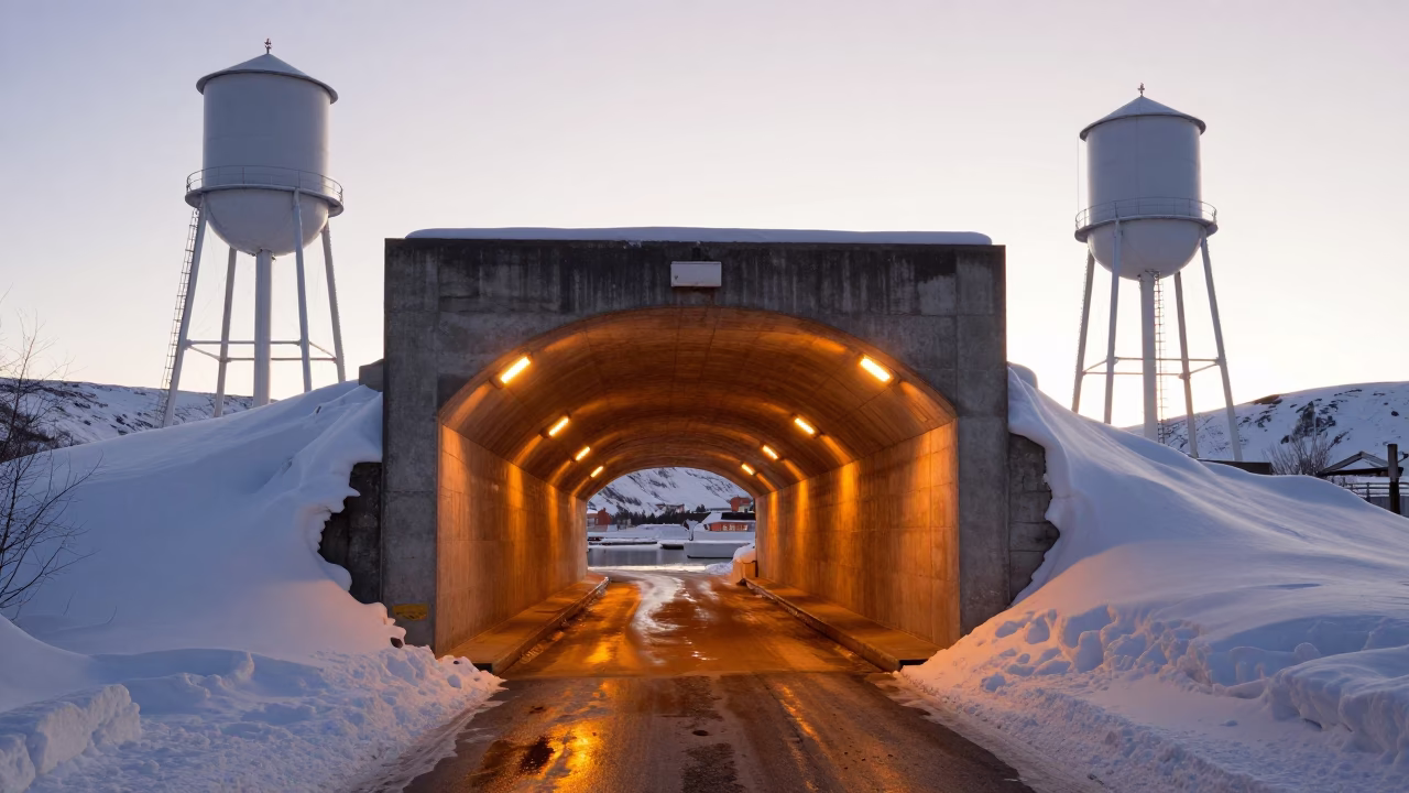 Alaska Tunnel Portal Snow and Sodium Light in beside a water tower ladder in Alaska