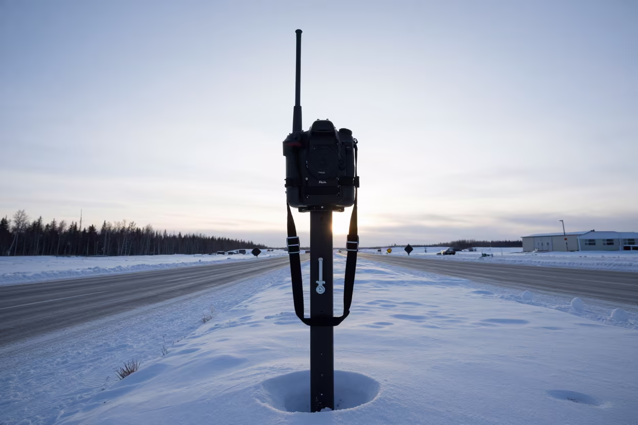 Alaska Winter Radio Post Morning Prep in at a checkpoint lane in Alaska