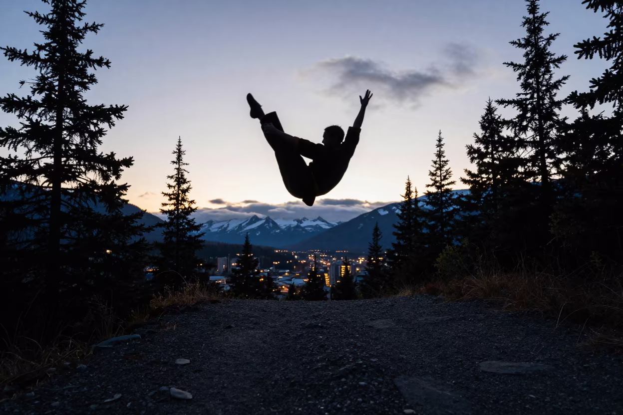 Alaska Wushu Butterfly Twist Silhouette in along a game trail in Alaska