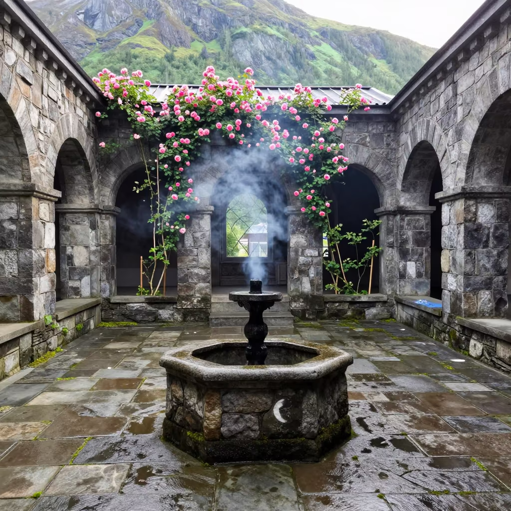 Alaskan Abbey Courtyard Well Roses Morning Light in beneath a stone arcade in an abbey court in Alaska