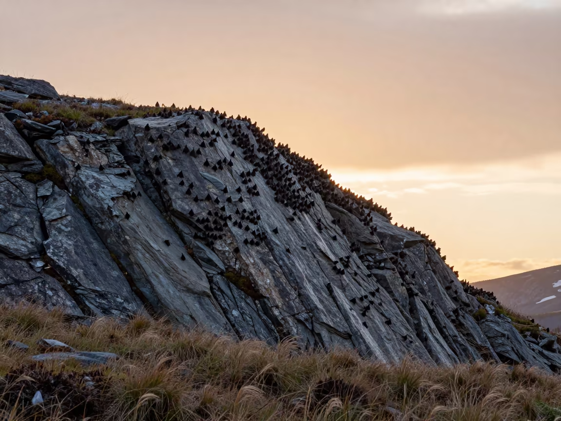 Alaskan Bat Colony Sunset Silhouette on Windy Ridge in on a wind-scoured ridge in Alaska